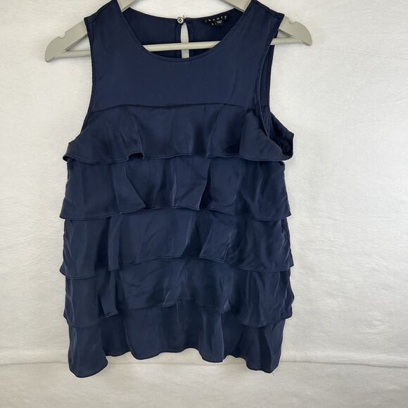 Theory Silk Ruffled Navy Tank Size S Sleeveless Party Cocktail Norm Core Top - Picture 1 of 7